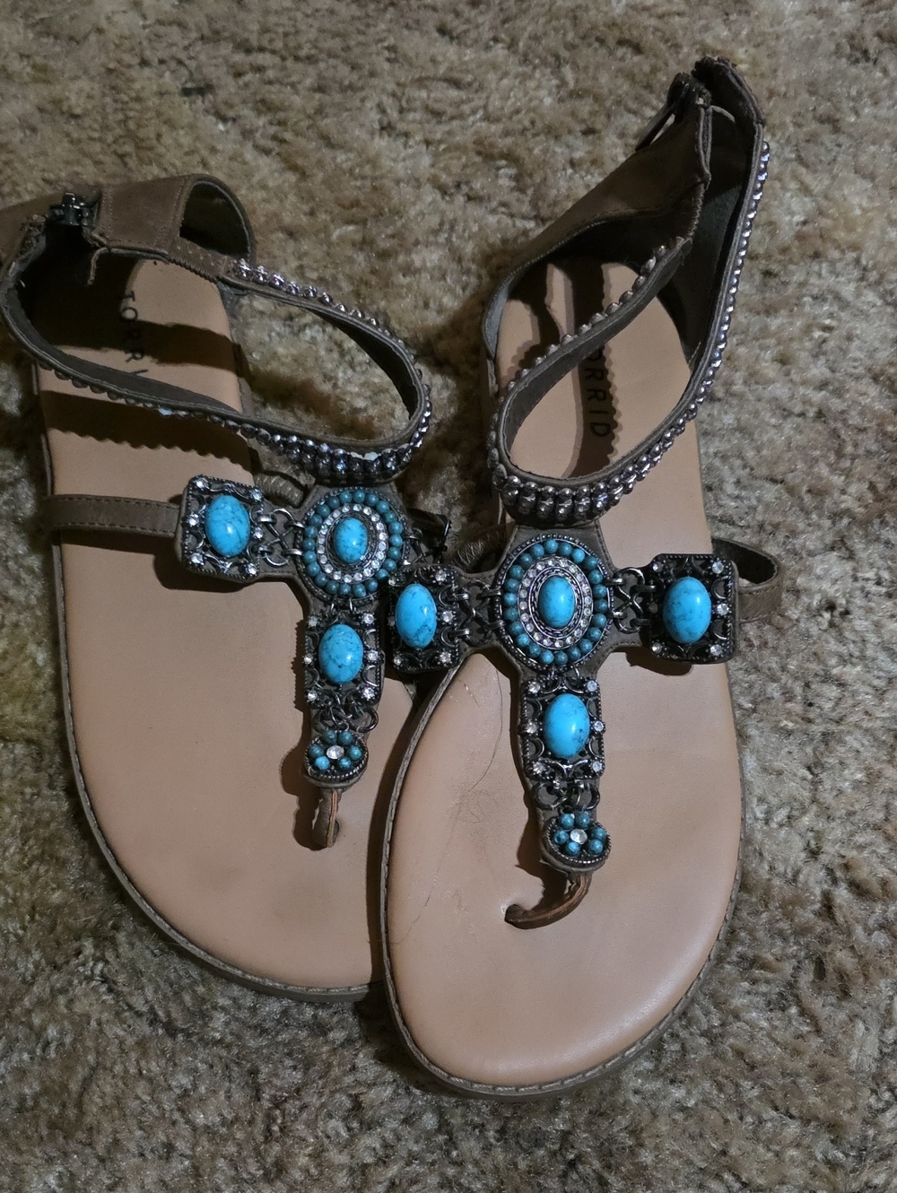torrid Brown Sandals with Turquoise Beaded T-Strap